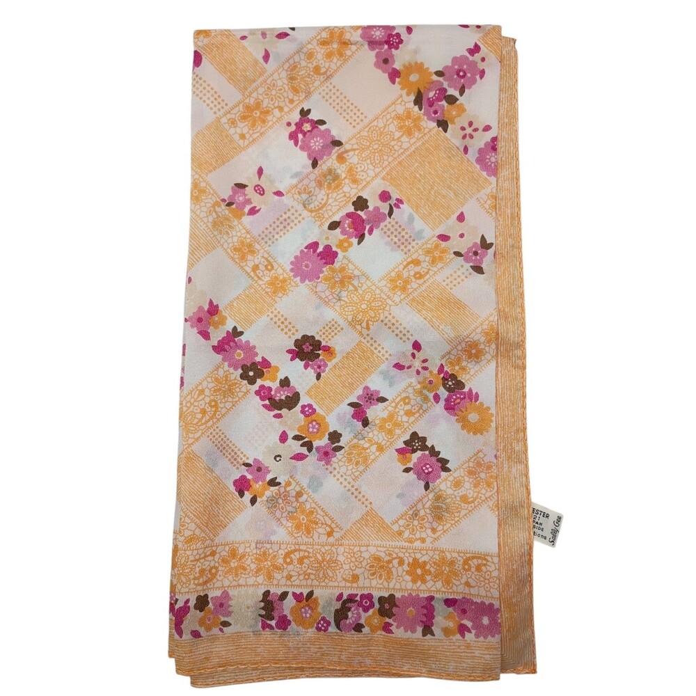 Vintage Sally Gee Women's Scarf Orange/Pink Floral 27" Square Polyester